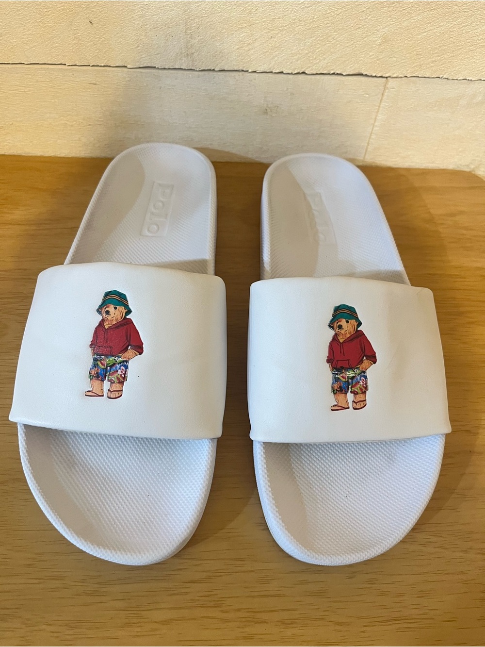Polo Ralph Lauren White Slide Sandals with Polo Bear Graphic